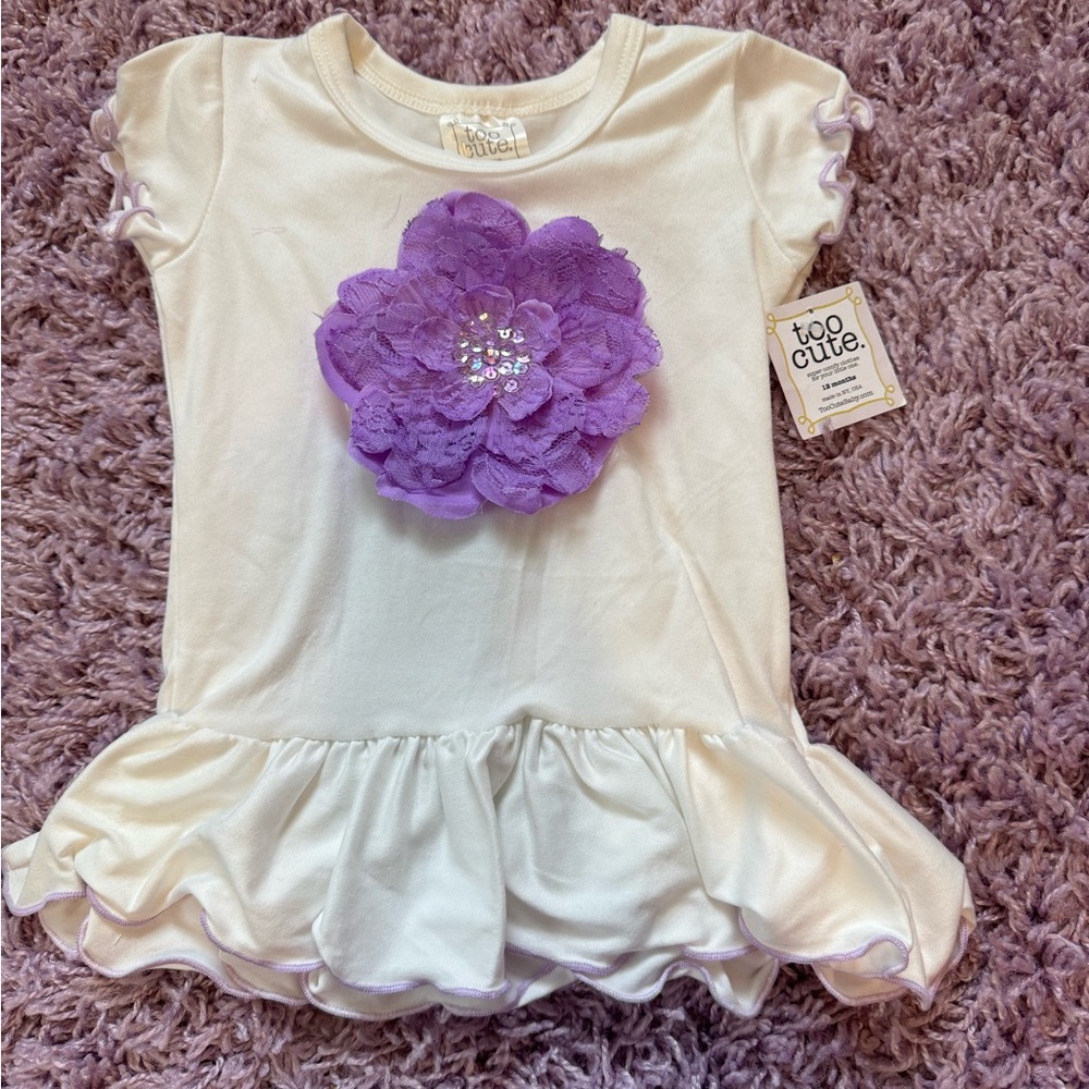 Girls' Cream Short Sleeve Tee with Purple Flower